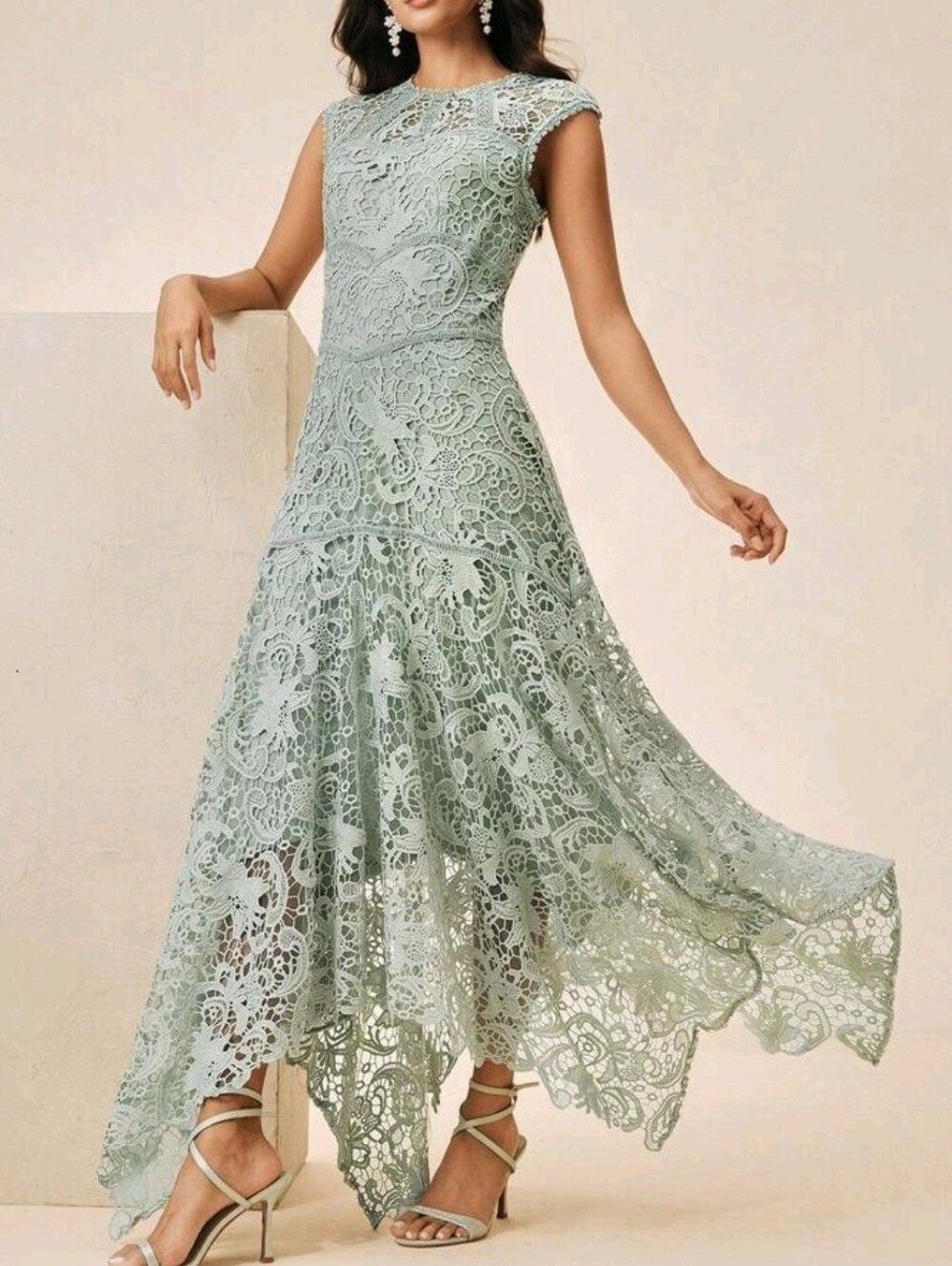 New Luxe Embroidered Lace Illusion Neckline Asymmetrical Maxi Dress